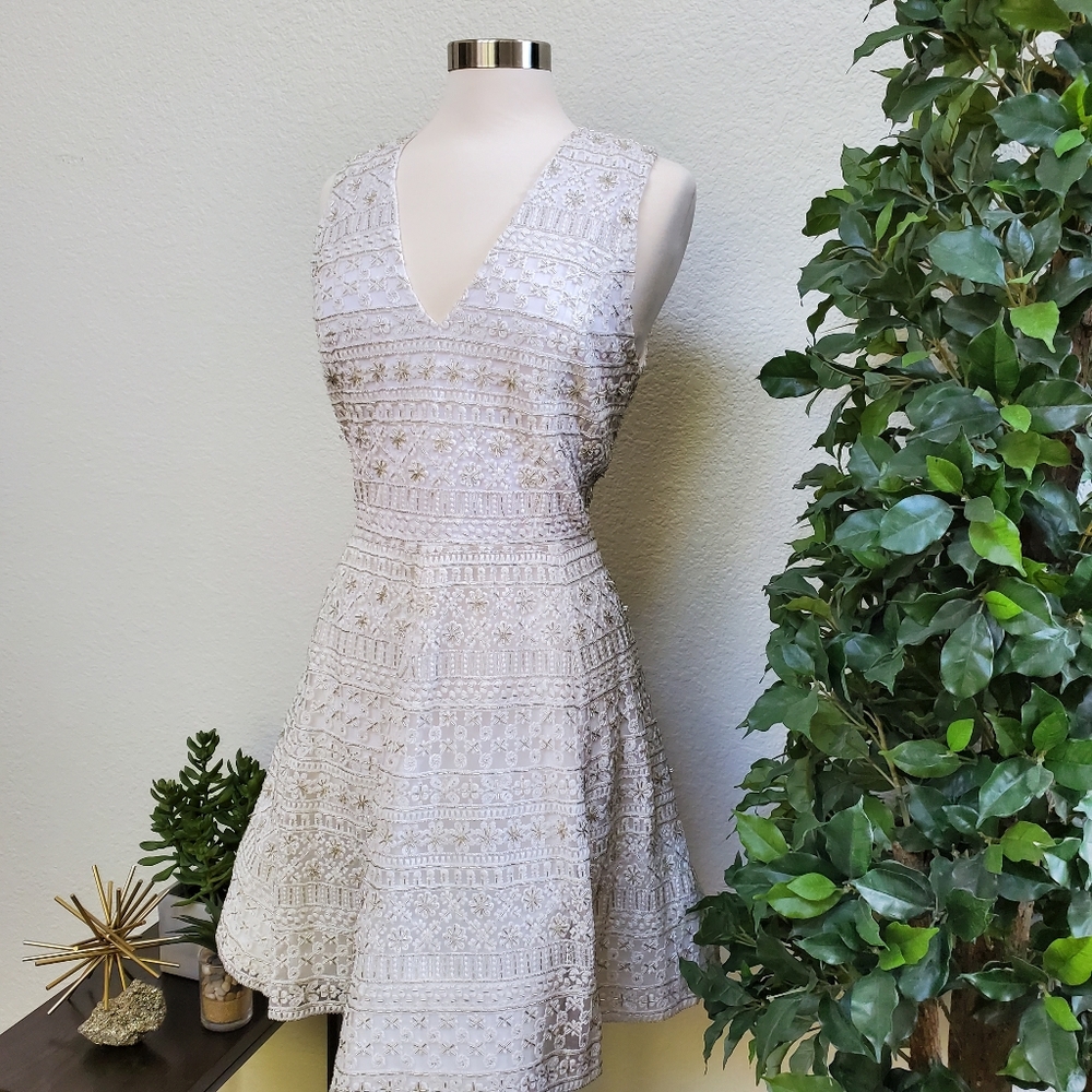 NWT Alice+Olivia Beaded Flare Cocktail White Dress